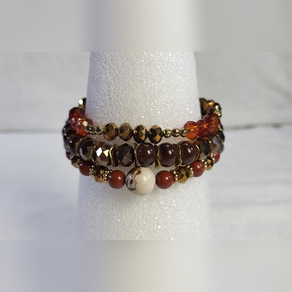 Brown and Bronze Beaded Bangle Bracelets - Set of 3